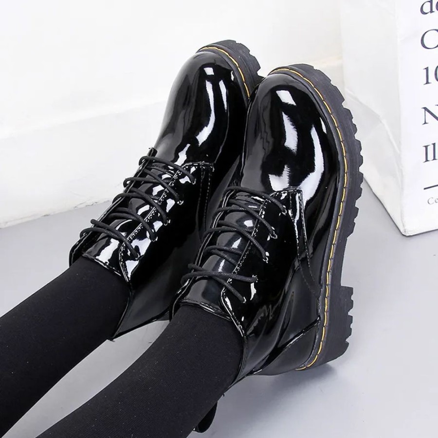 Fashion Kawaii Shop Shoes & Boots | Shiny Japanese Lolita High-Top Boots Black