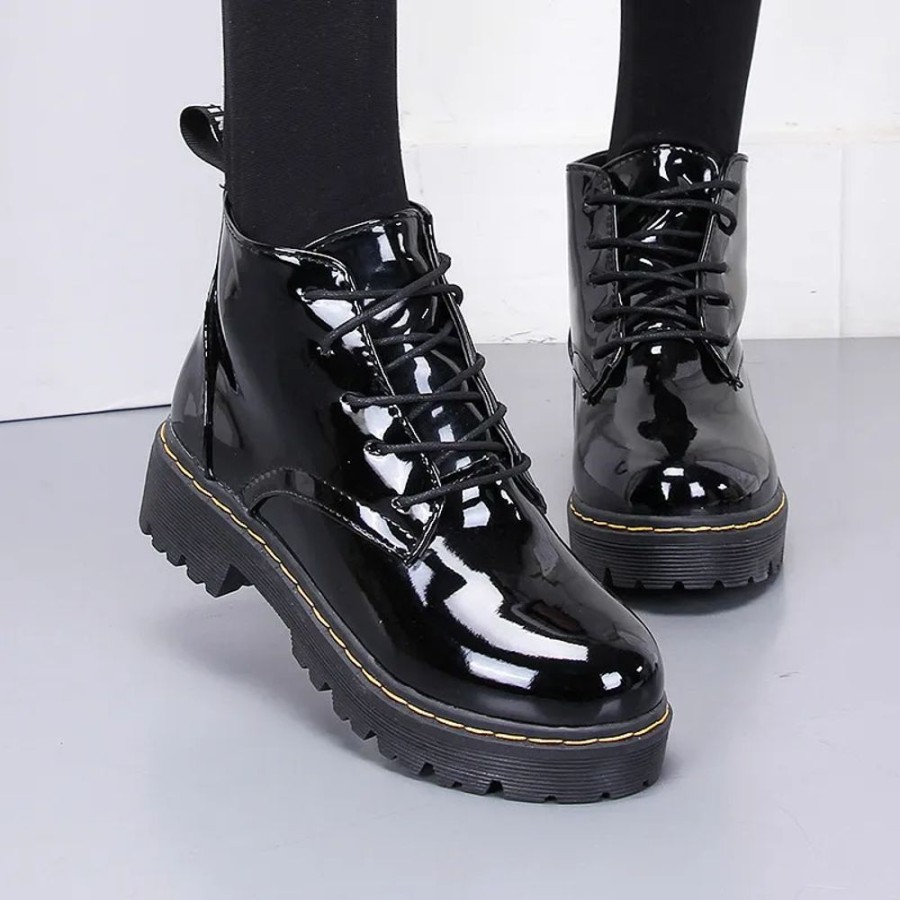 Fashion Kawaii Shop Shoes & Boots | Shiny Japanese Lolita High-Top Boots Black