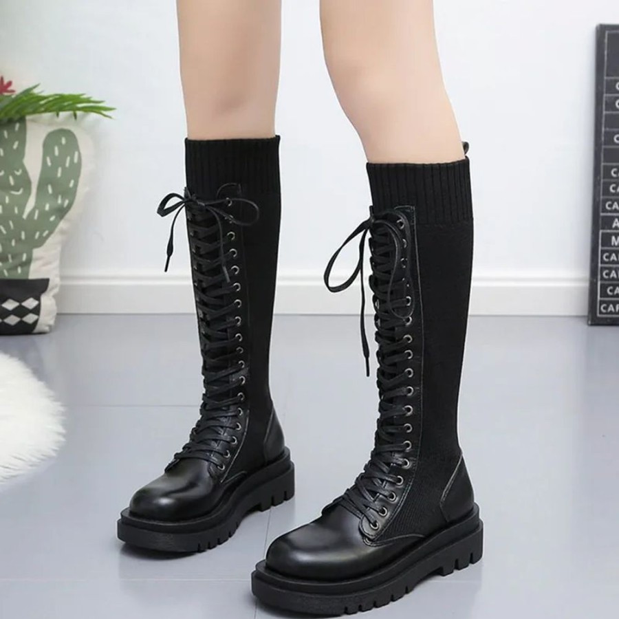 Fashion Kawaii Shop Shoes & Boots | Lace Up Knitted Leather Boots