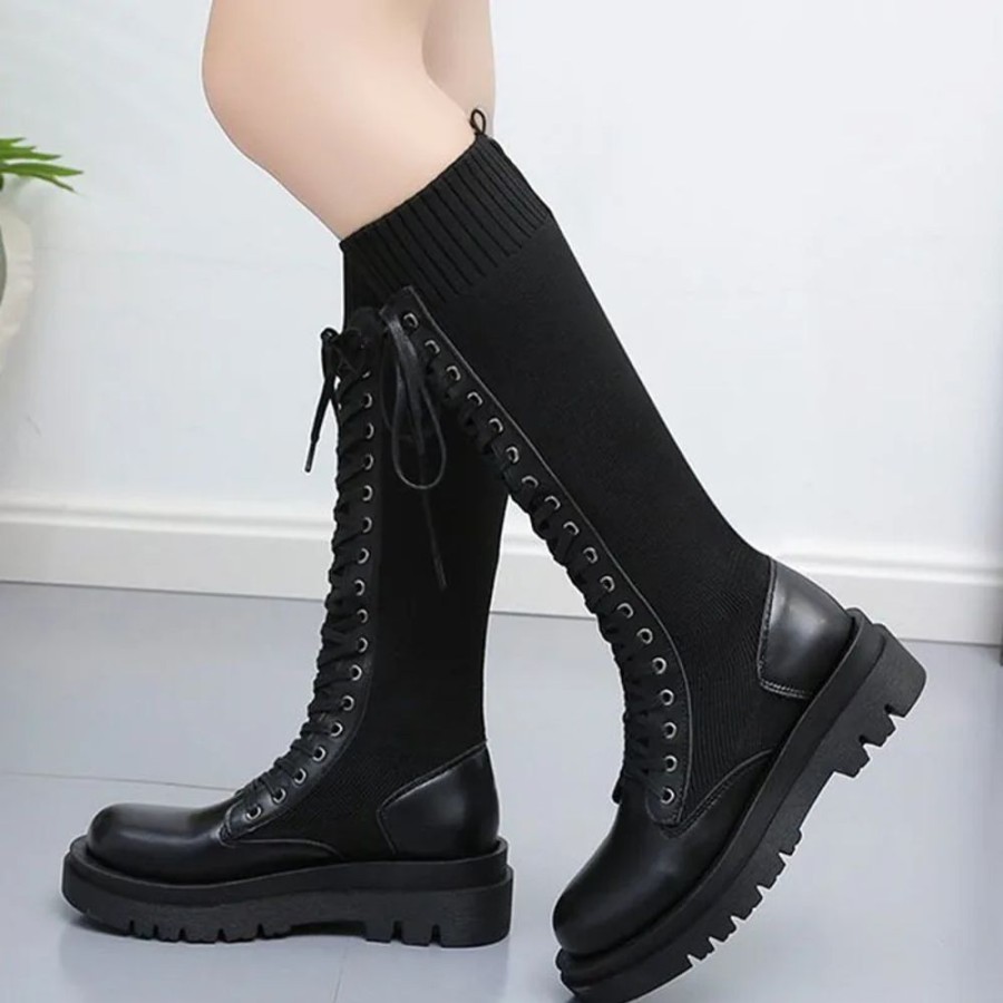 Fashion Kawaii Shop Shoes & Boots | Lace Up Knitted Leather Boots