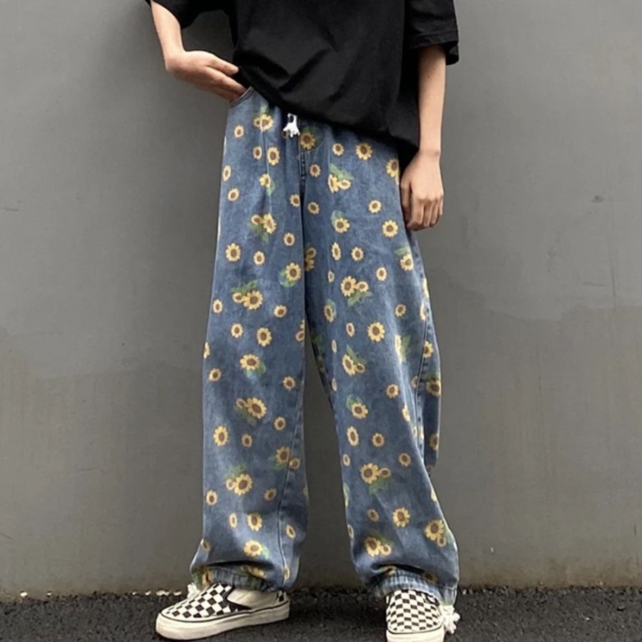 Fashion Kawaii Shop Pants & Leggings | K-Pop Sunflower Printed Loose Denim Jeans