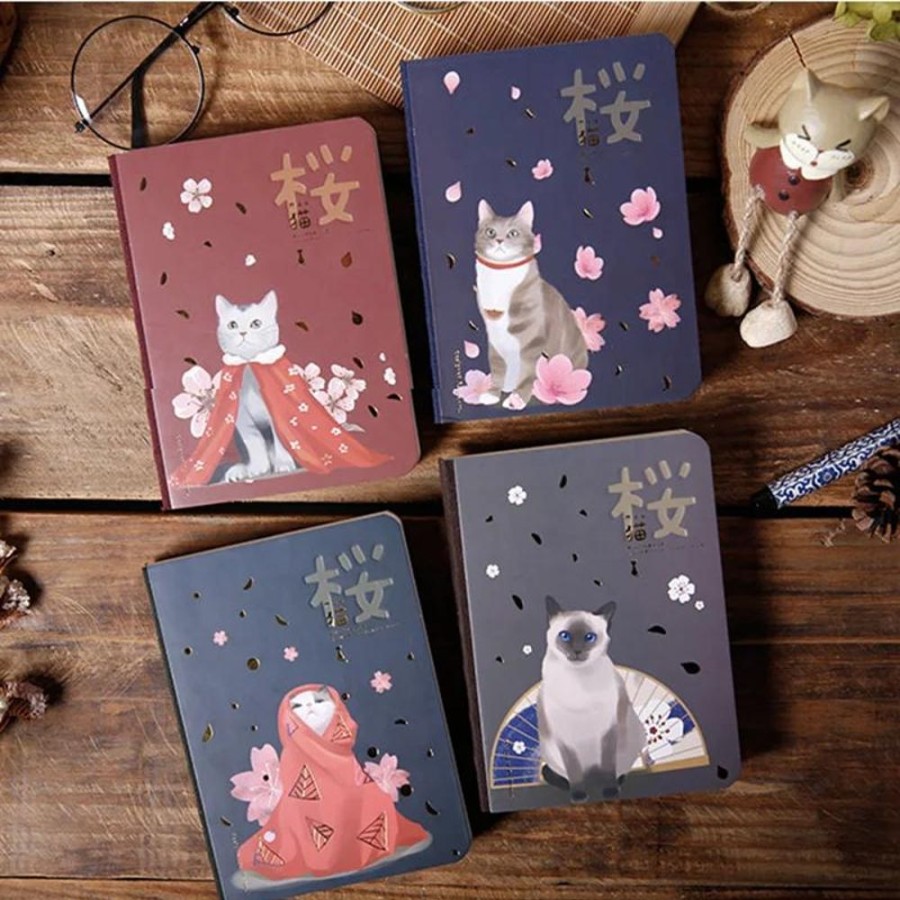 Stationary Kawaii Shop | Kawaii Hardcover Cherry Blossom Cat Notepad High Quality