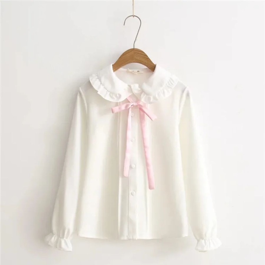 Fashion Kawaii Shop Shirts | Chiffon Hirt With Pink Bowknot Co Ar Unifor White