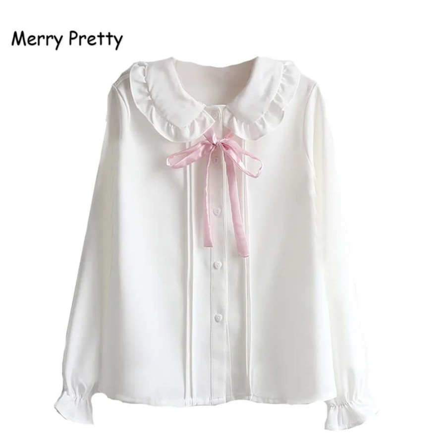 Fashion Kawaii Shop Shirts | Chiffon Hirt With Pink Bowknot Co Ar Unifor White