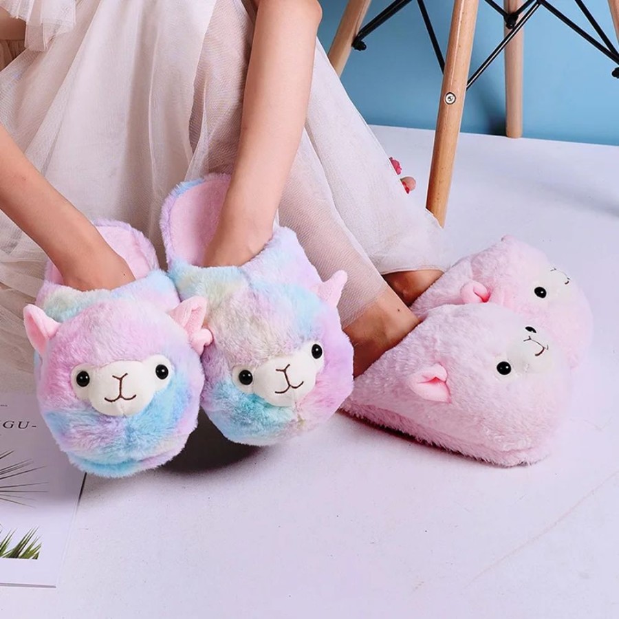 Fashion Kawaii Shop Slippers | Alpaca Llama Rainbow Plush Slipper