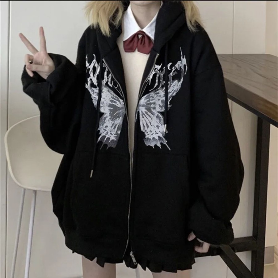 Fashion Kawaii Shop Sweaters & Hoodies | Harajuku Punk Butterf Y Zipper Hoodie