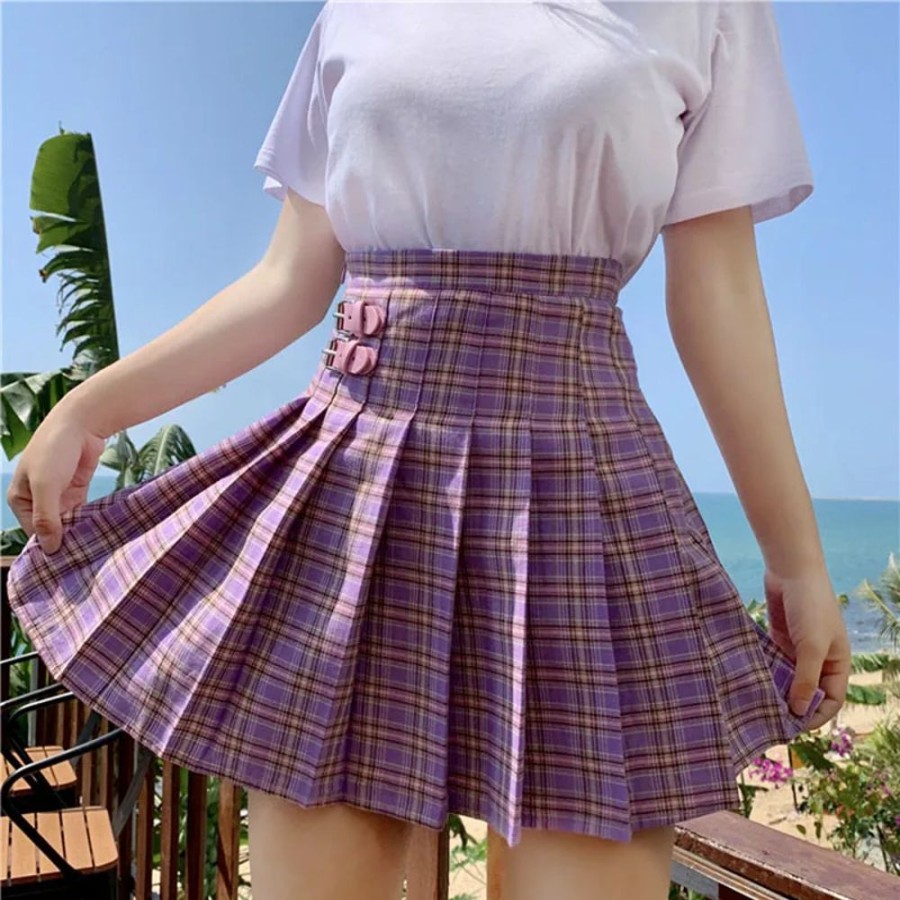 Fashion Kawaii Shop Skirts | Kawaii Pink Preppy P Eated High Wai T Kirt Purple