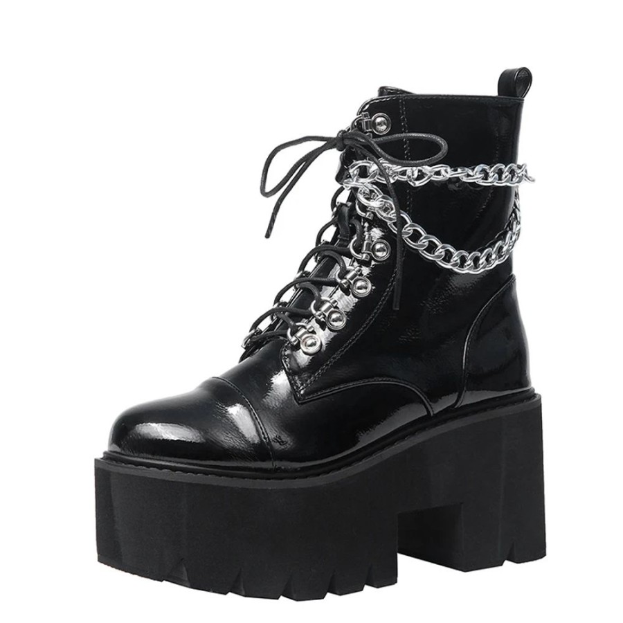 Fashion Kawaii Shop Shoes & Boots | Gothic Leather Chain Boots Black Shoes