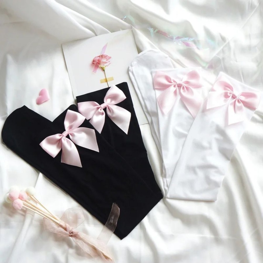 Fashion Kawaii Shop Socks & Stockings | Kawaii Lolita Pink Bow Handmade Knee Stockings