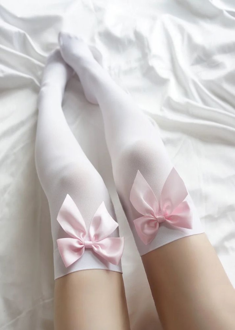 Fashion Kawaii Shop Socks & Stockings | Kawaii Lolita Pink Bow Handmade Knee Stockings