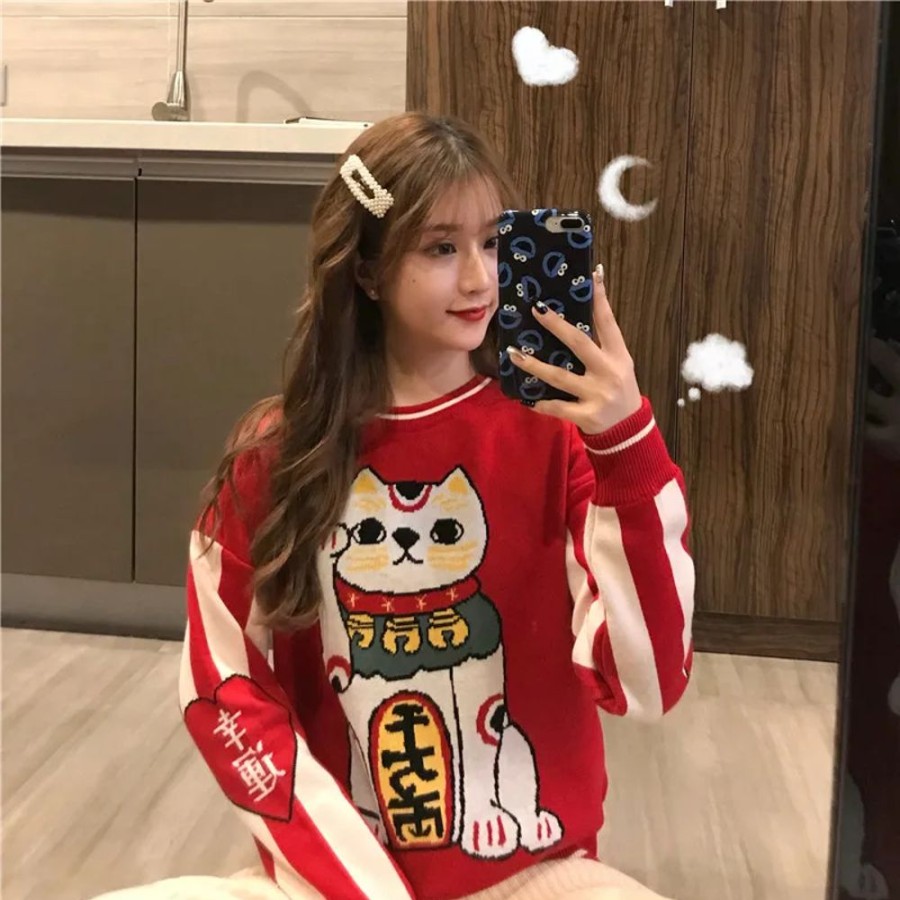 Fashion Kawaii Shop Sweaters & Hoodies | Red Neko Lucky Cat Sweater