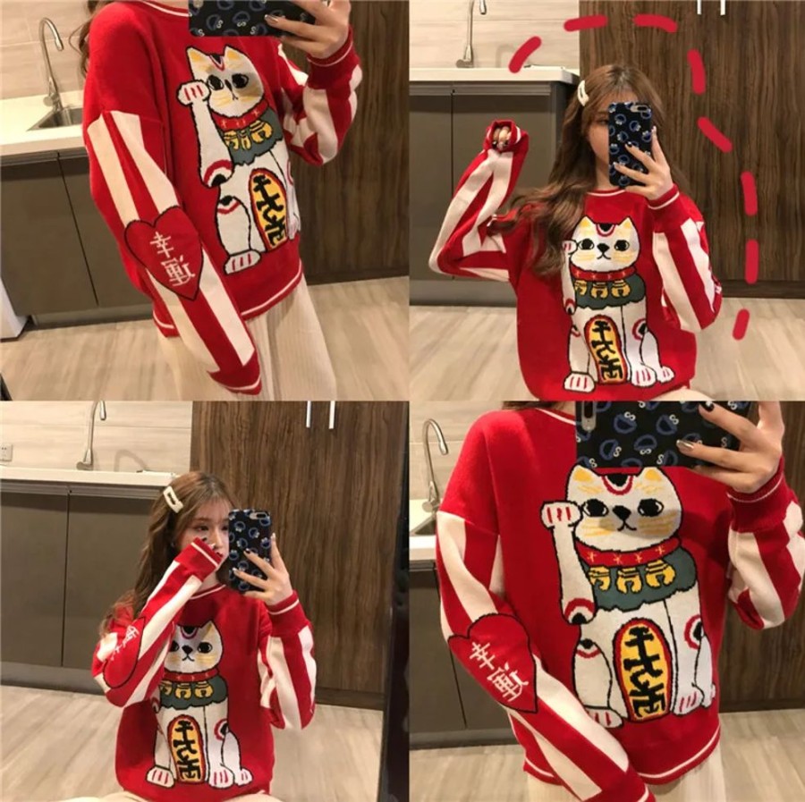 Fashion Kawaii Shop Sweaters & Hoodies | Red Neko Lucky Cat Sweater