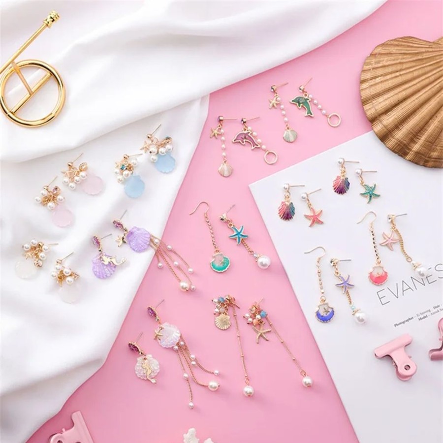 Accessories Kawaii Shop | Harajuku Asymmetrical Cartoonish Mermaid Starfish Shell & Pearl Earrings