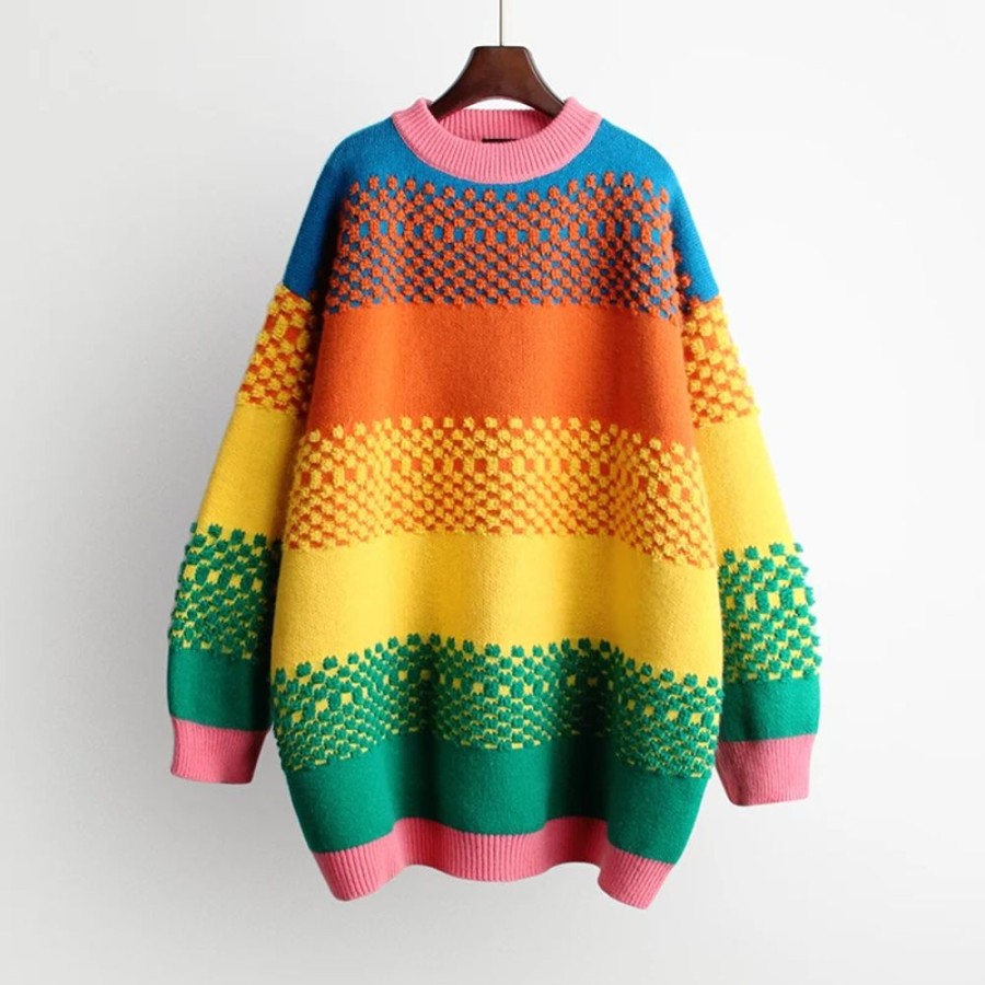 Fashion Kawaii Shop Sweaters & Hoodies | Rainbow Colorful Oversized Knitted Pullover