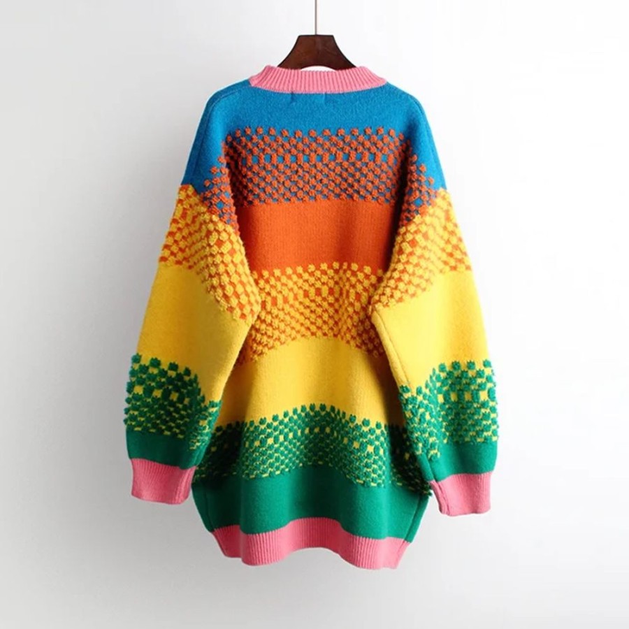 Fashion Kawaii Shop Sweaters & Hoodies | Rainbow Colorful Oversized Knitted Pullover