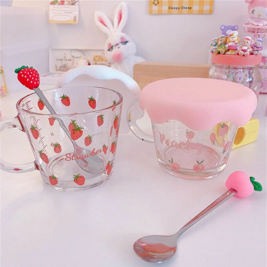 Home & Gadgets Kawaii Shop | Kawaii Strawberry & Peach Cereal Cups & Spoon