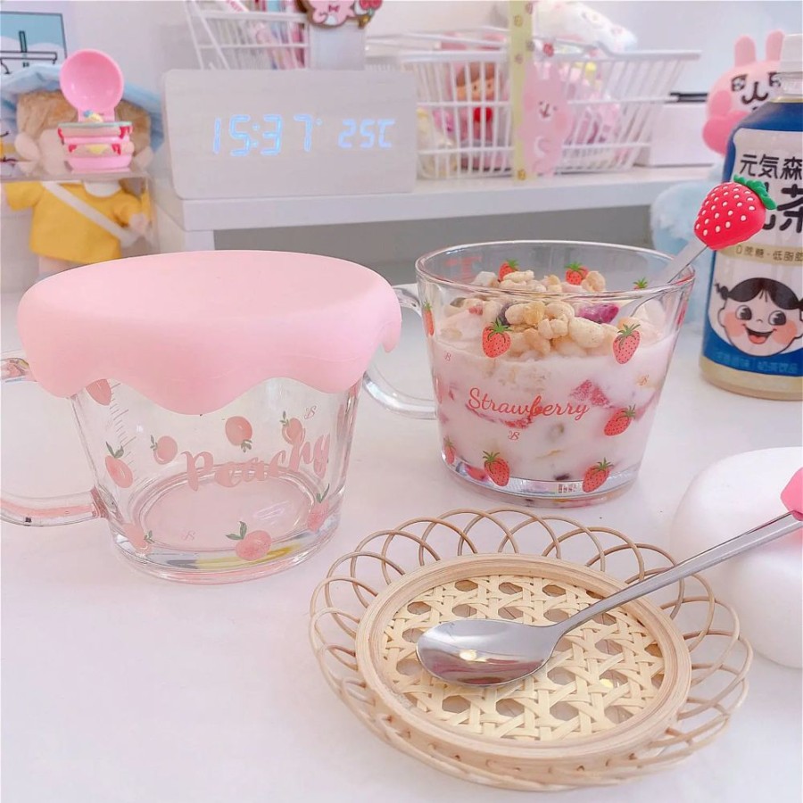 Home & Gadgets Kawaii Shop | Kawaii Strawberry & Peach Cereal Cups & Spoon