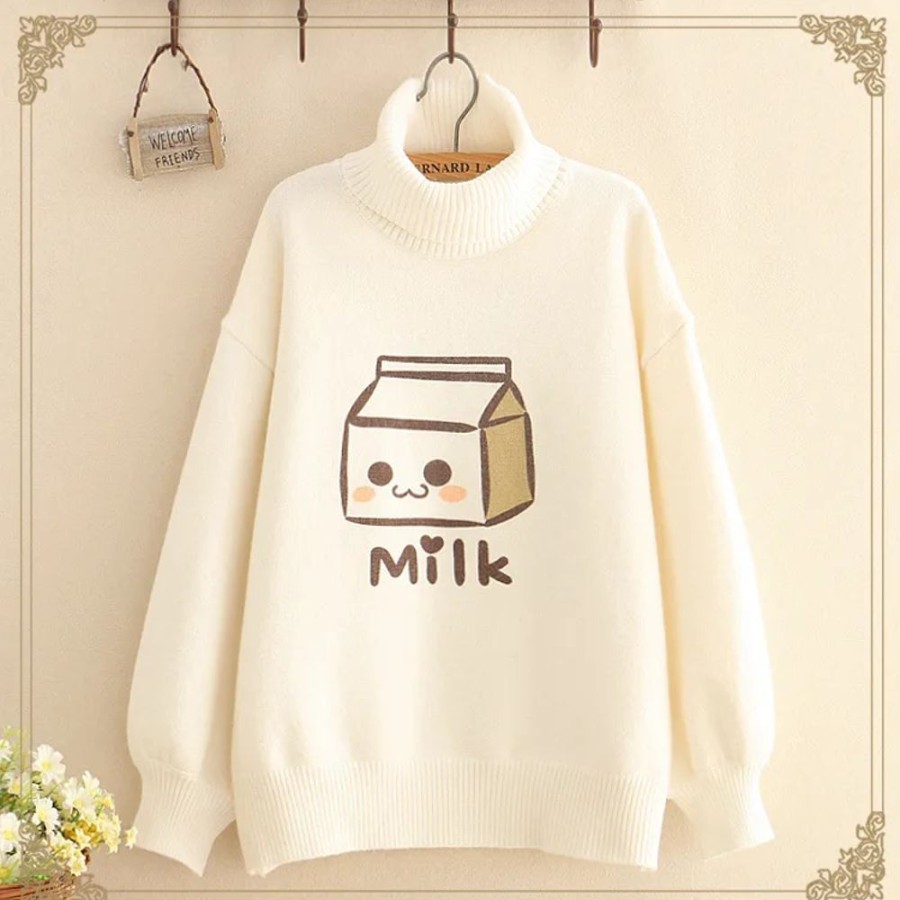 Fashion Kawaii Shop Sweaters & Hoodies | Kawaii Long Sleeve Turtleneck Milk Sweater