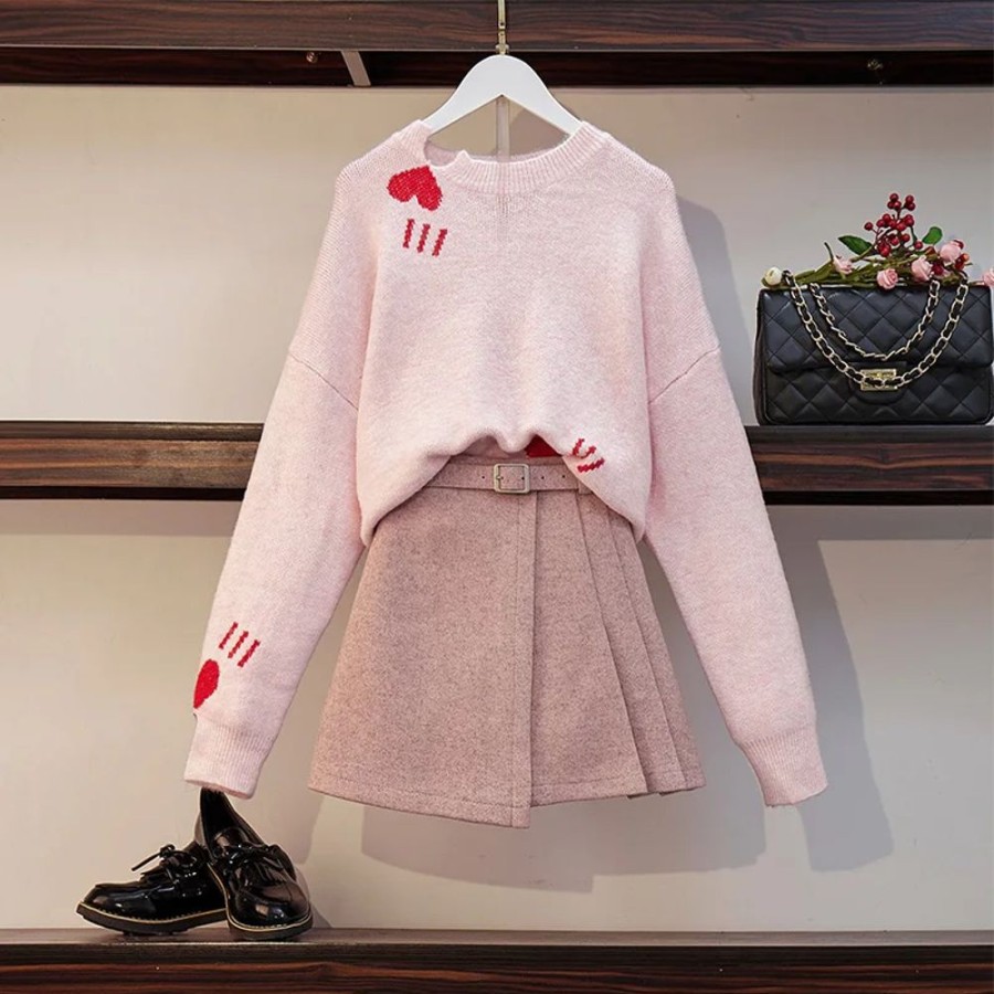 Fashion Kawaii Shop Sweaters & Hoodies | Kawaii Preppy Ty Eknitting Heart Weater & Woo A Ine Ini Kirt Pink