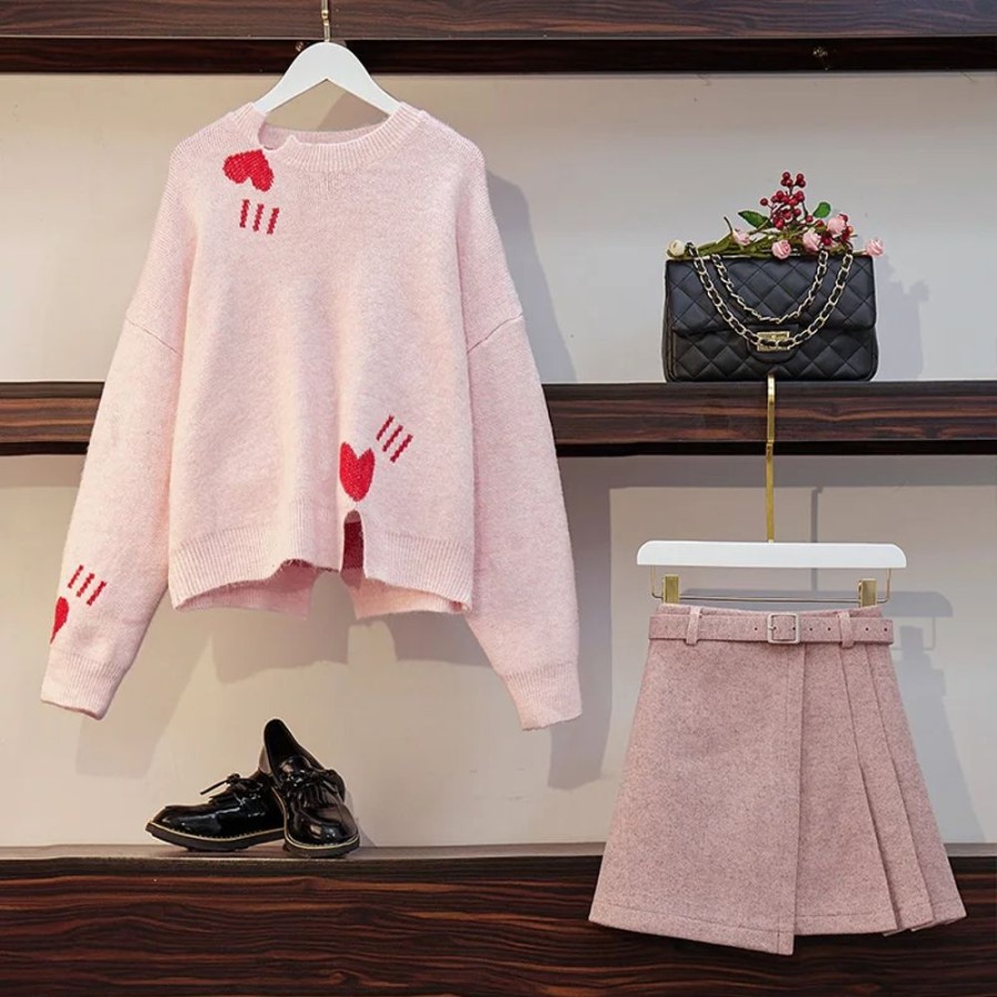 Fashion Kawaii Shop Sweaters & Hoodies | Kawaii Preppy Ty Eknitting Heart Weater & Woo A Ine Ini Kirt Pink