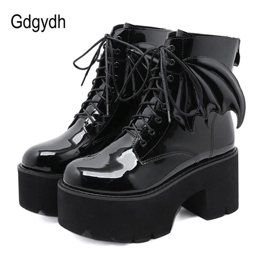 Fashion Kawaii Shop Shoes & Boots | Angel Wing Ankle Platform Boots Black Shoes