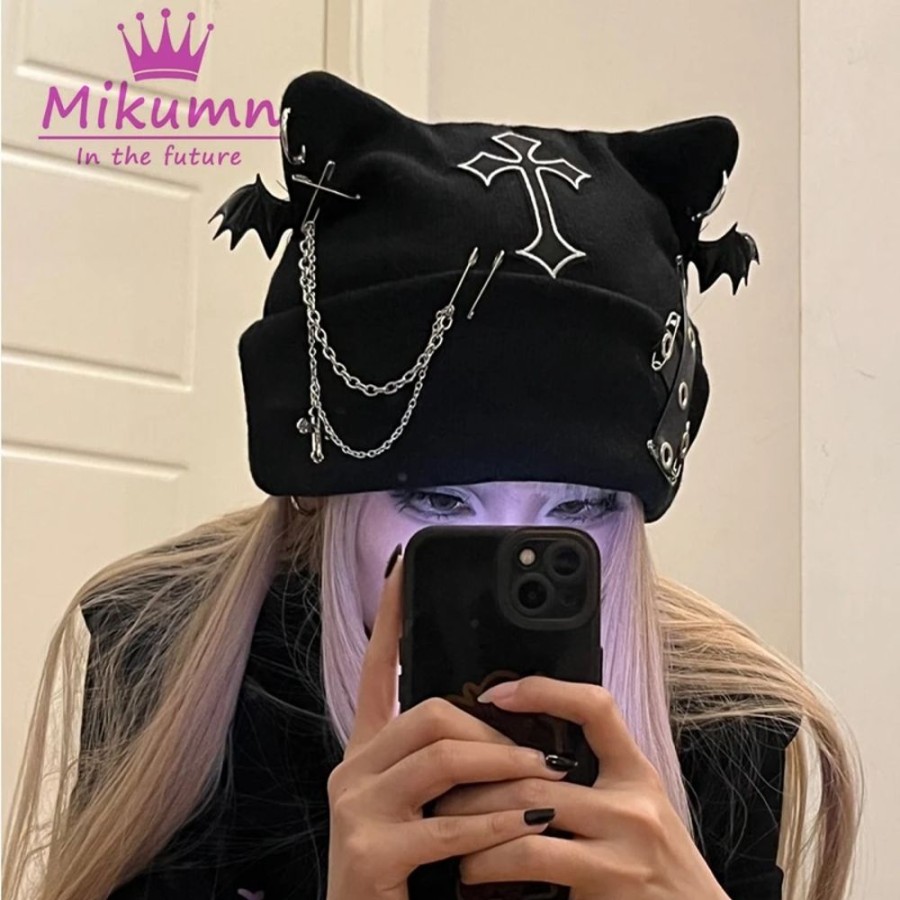 Accessories Kawaii Shop | Gothic Cat Ear & Bat Wing Beanie