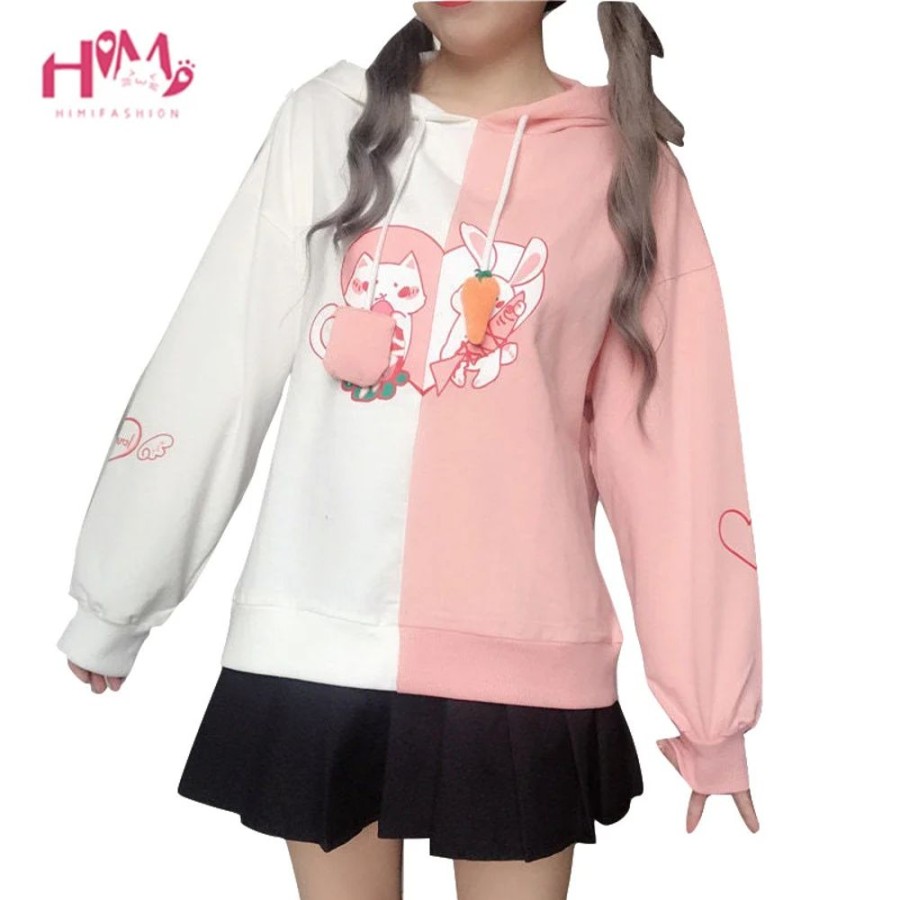 Fashion Kawaii Shop Sweaters & Hoodies | Kawaii Bunny Ear Pink & White Sweater