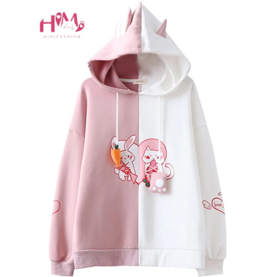 Fashion Kawaii Shop Sweaters & Hoodies | Kawaii Bunny Ear Pink & White Sweater