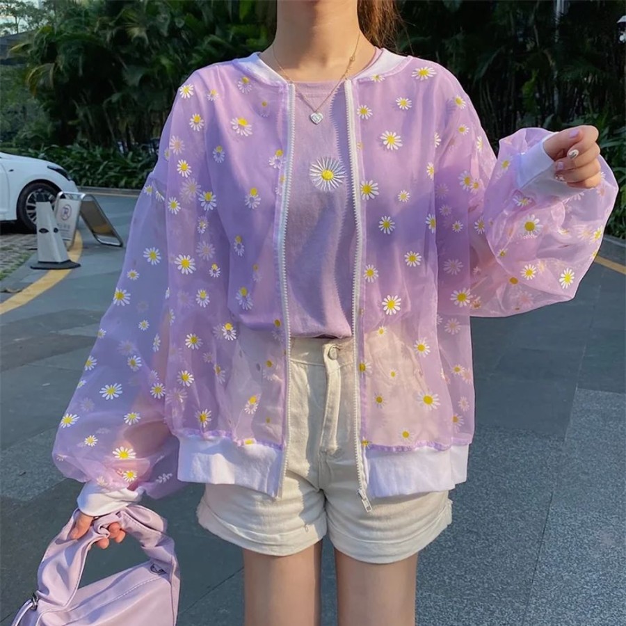 Fashion Kawaii Shop Coats & Jackets | Korean Style Loose Floral Print Thin Jacket