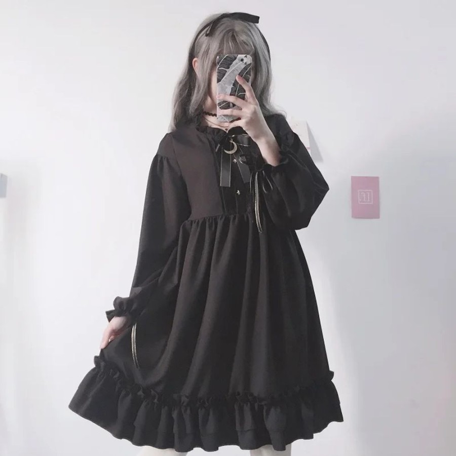 Fashion Kawaii Shop Dresses | Japanese Sweet Lolita Harajuku Bow Black Ruffles Dress