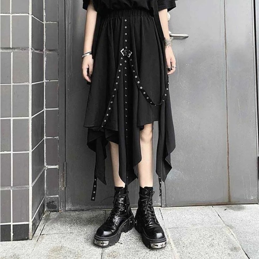 Fashion Kawaii Shop Skirts | Punk Grunge Asymmetrical Black Ribbon Skirt