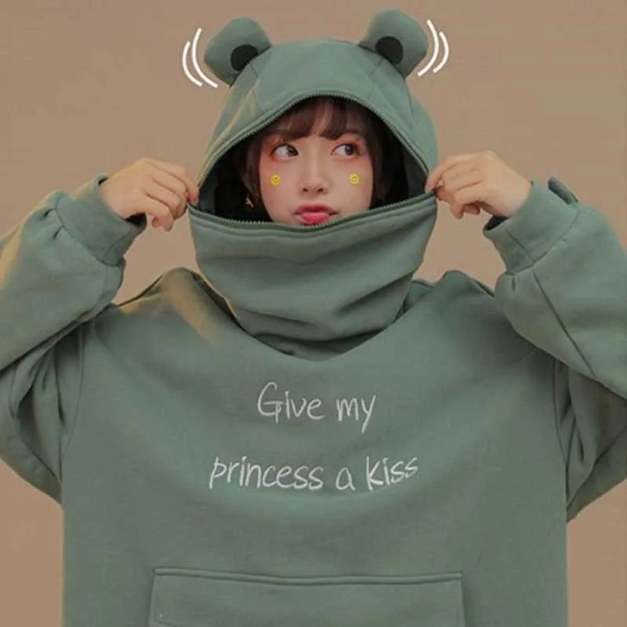 Fashion Kawaii Shop Sweaters & Hoodies | Kawaii Funny Kiss A Frog Harajuku Hoodie Green