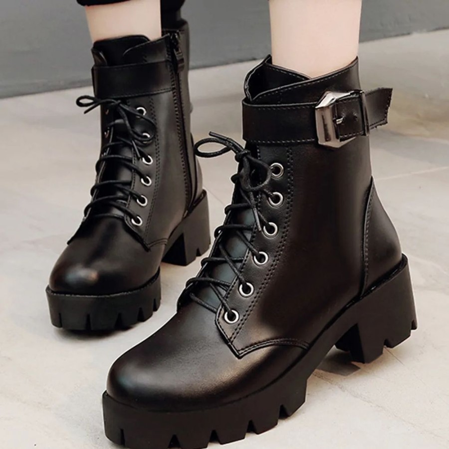 Fashion Kawaii Shop Shoes & Boots | Korean Winter High-Heeled Goth Leather Boots Black