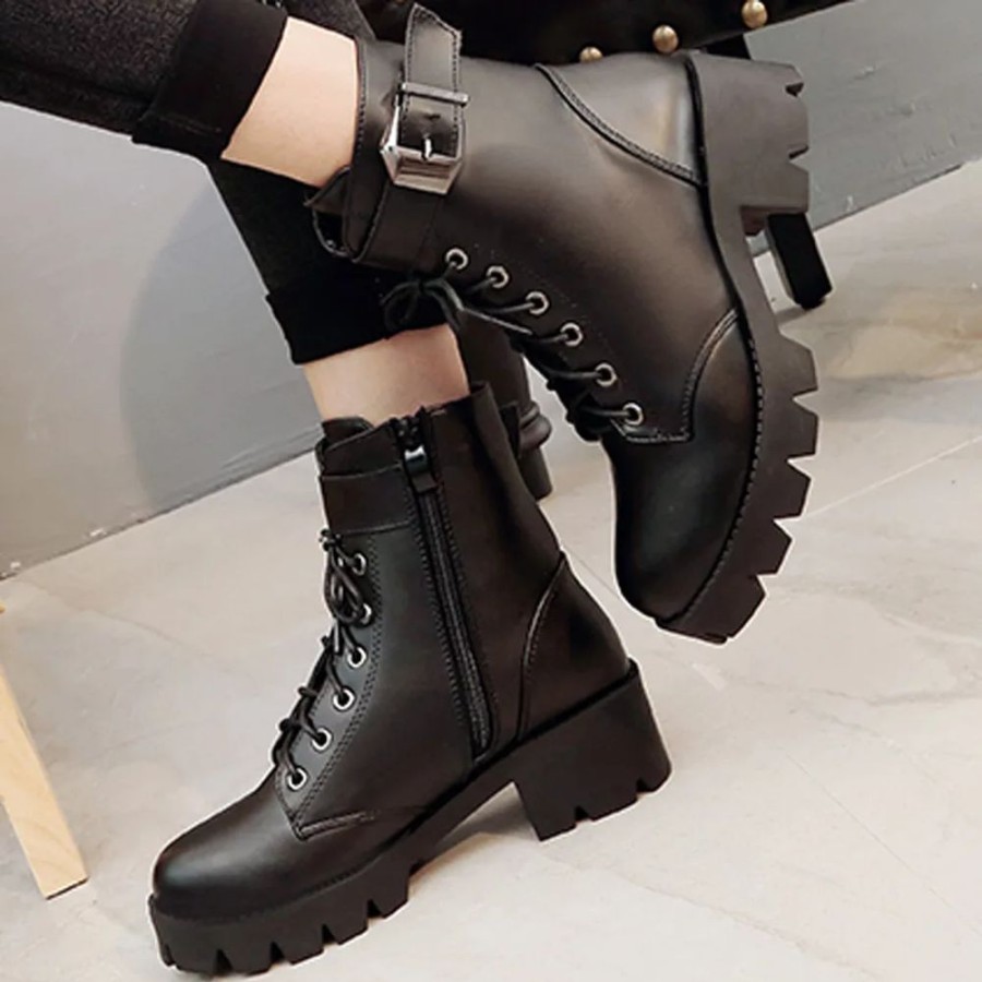 Fashion Kawaii Shop Shoes & Boots | Korean Winter High-Heeled Goth Leather Boots Black