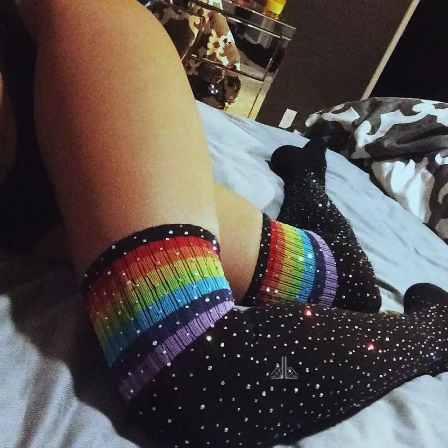 Fashion Kawaii Shop Socks & Stockings | Diamond Snowy Rainbow Over Knee Stockings