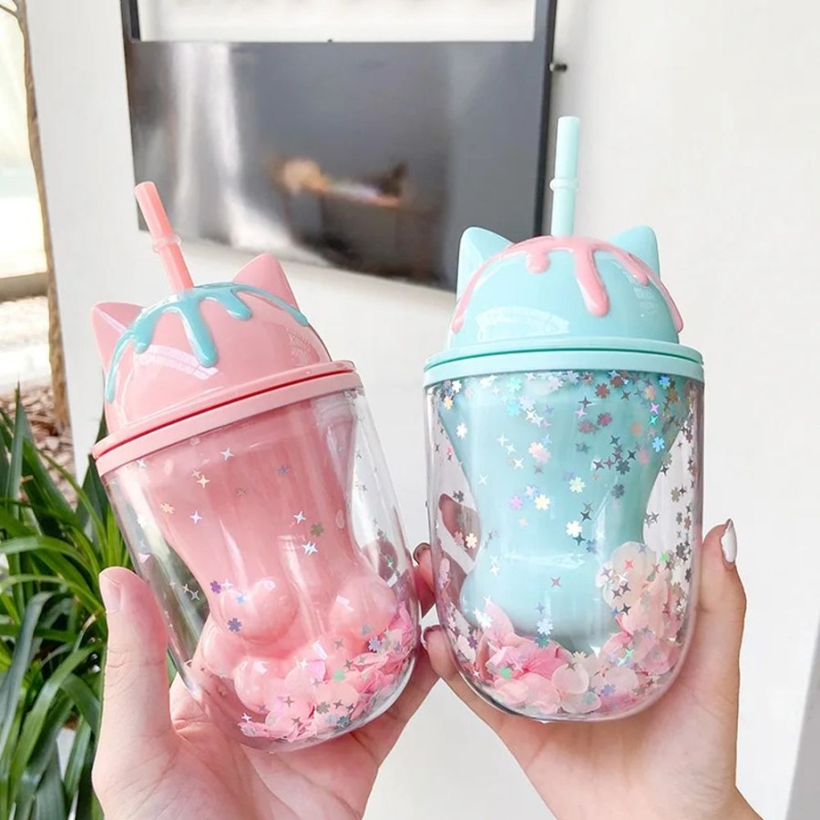 Home & Gadgets Kawaii Shop | Kawaii Glittery Cat Paw & Ears With Straw Cup