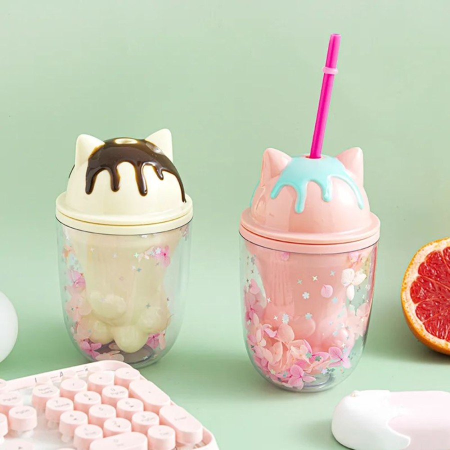 Home & Gadgets Kawaii Shop | Kawaii Glittery Cat Paw & Ears With Straw Cup