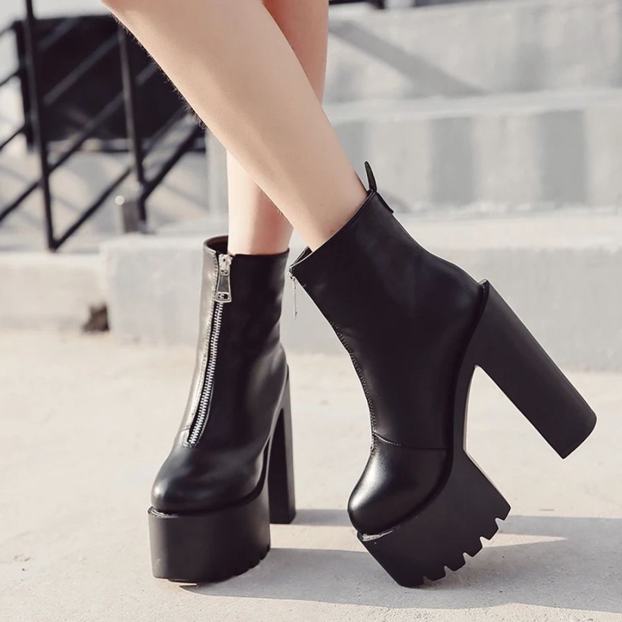 Fashion Kawaii Shop Shoes & Boots | Retro Zipper Shoes Black Shoes