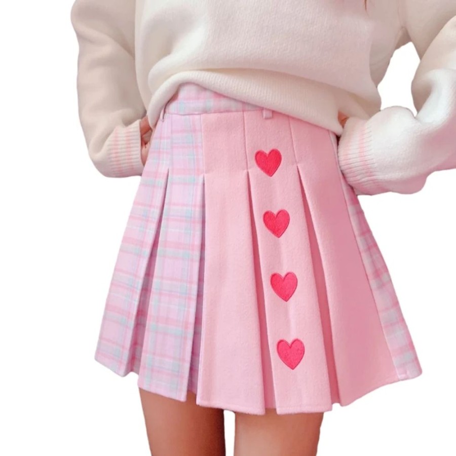 Fashion Kawaii Shop Skirts | High-Wai T Heart Pink P Eated Kirt Pink Skirt