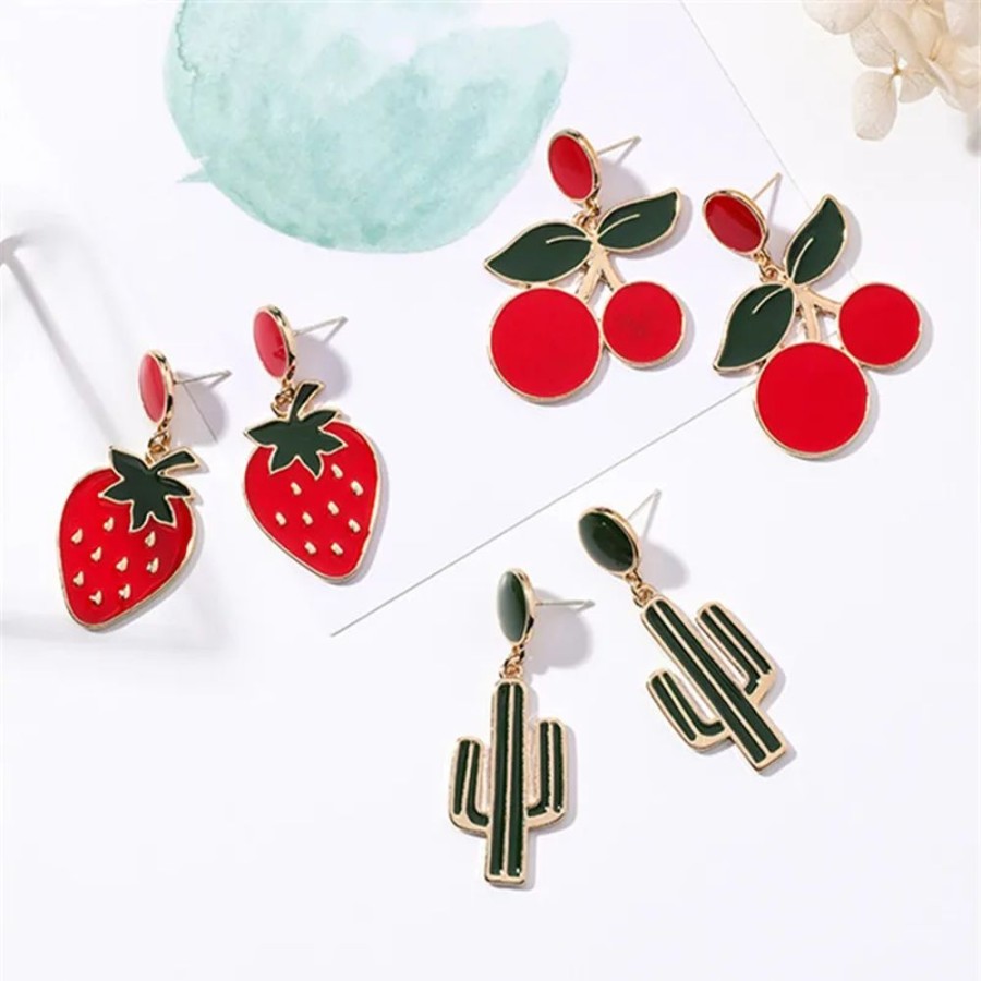 Accessories Kawaii Shop | Red Cherry, Strawberry, Cactus Stud Earrings