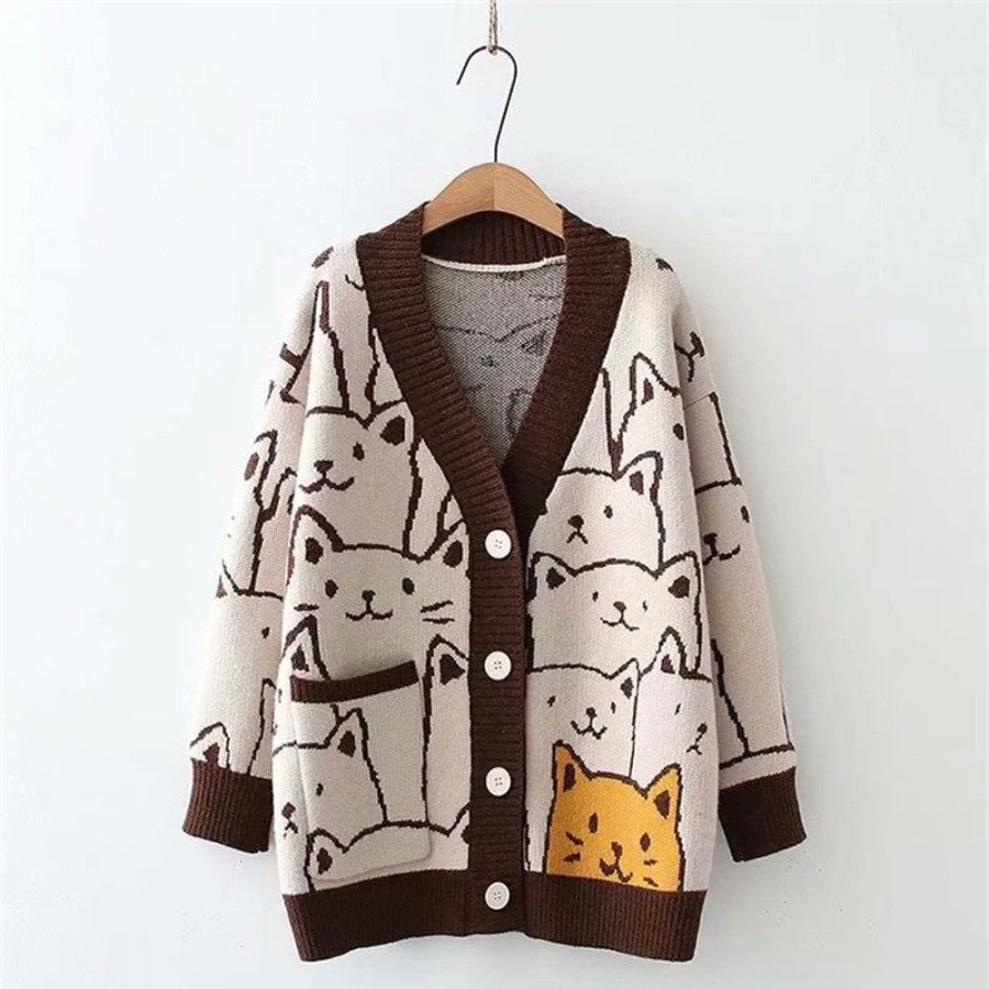 Fashion Kawaii Shop Coats & Jackets | Kawaii Cats V-Neck Cardigan