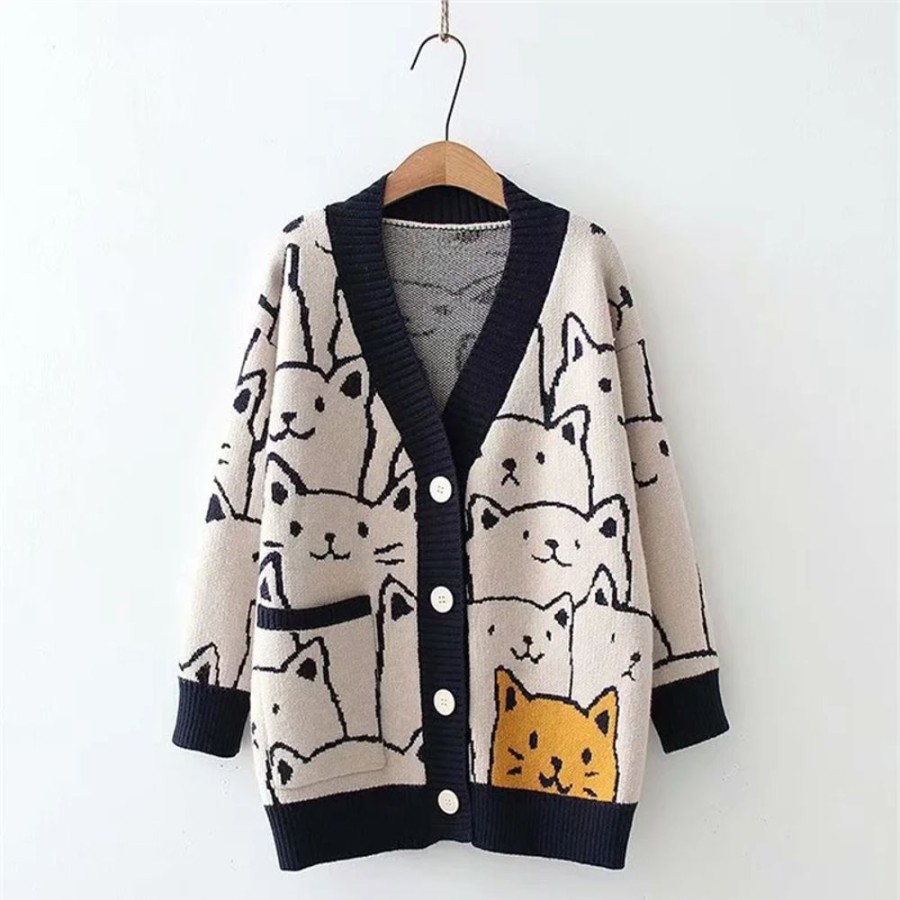 Fashion Kawaii Shop Coats & Jackets | Kawaii Cats V-Neck Cardigan