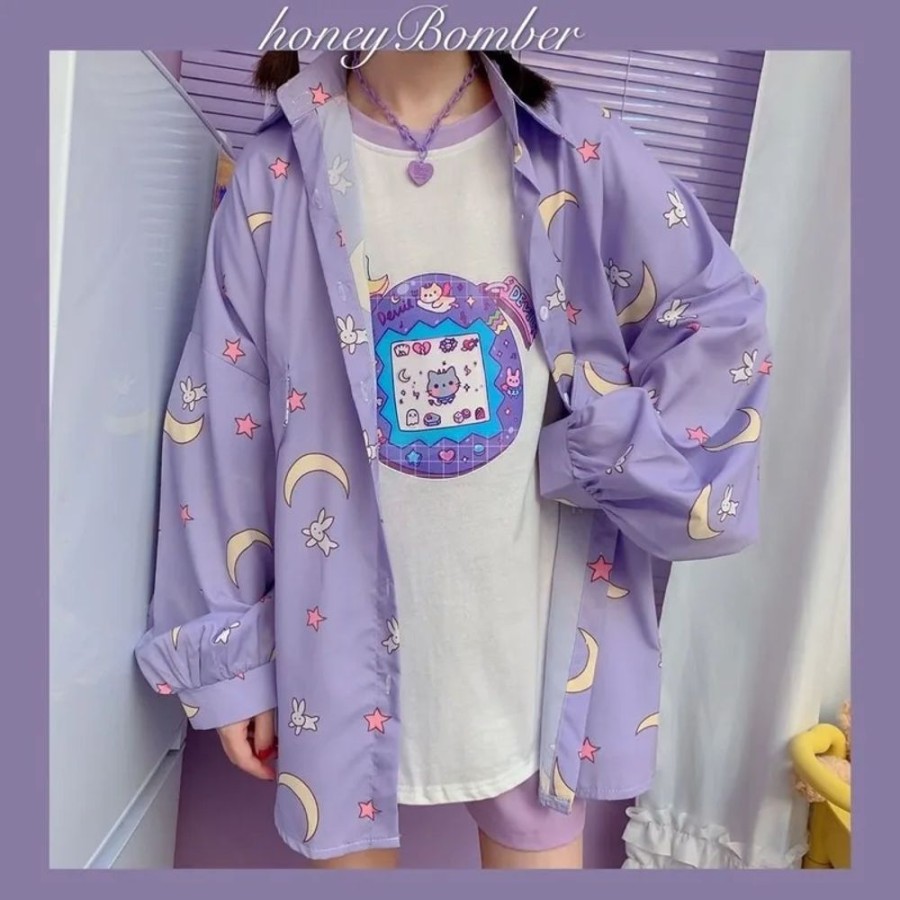 Fashion Kawaii Shop Shirts | Korean Sty E Oversized Paste Purp E Shirt Purple