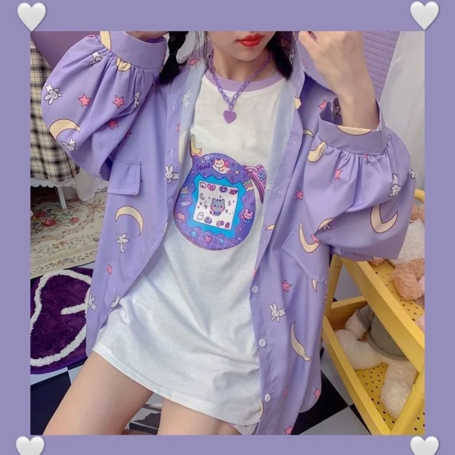 Fashion Kawaii Shop Shirts | Korean Sty E Oversized Paste Purp E Shirt Purple