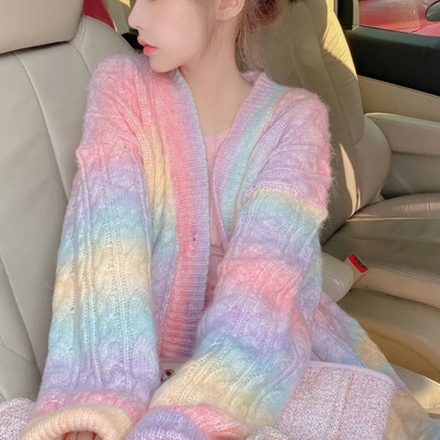 Fashion Kawaii Shop Sweaters & Hoodies | Rainbow Knitted Jacket Rainbow Sweater