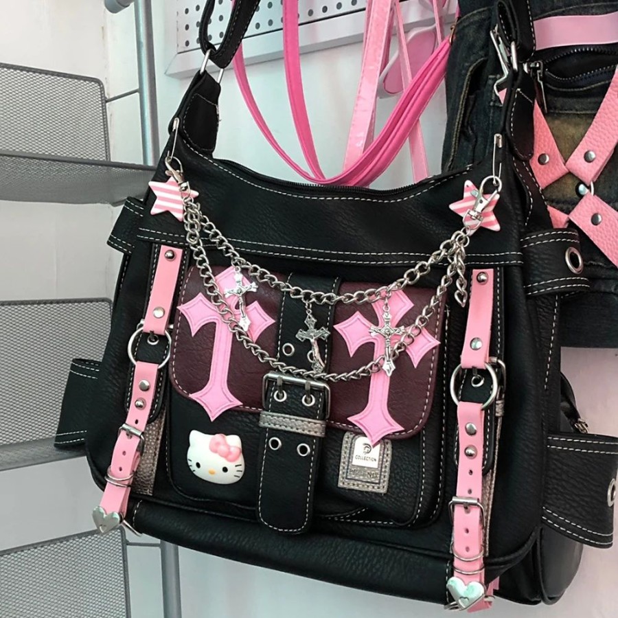 Accessories Kawaii Shop | Hello Kitty Gothic Punk Crossbody Bag Vintage Pink