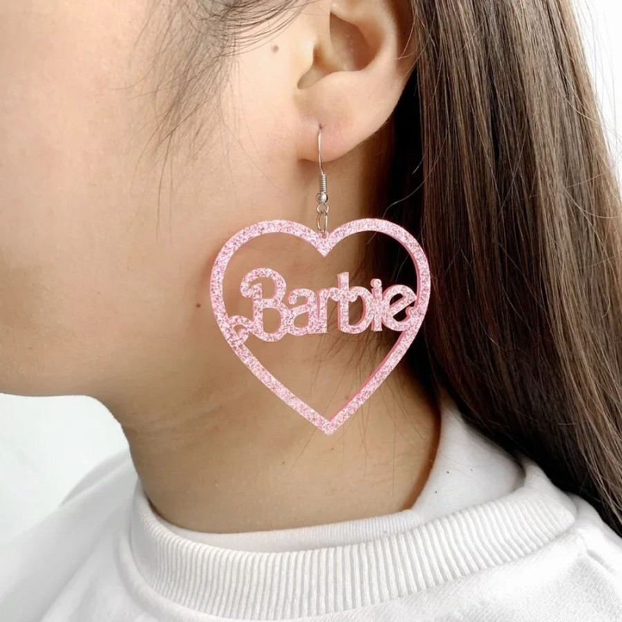 Accessories Kawaii Shop | Glitter Pink Acrylic Barbie Heart Earrings