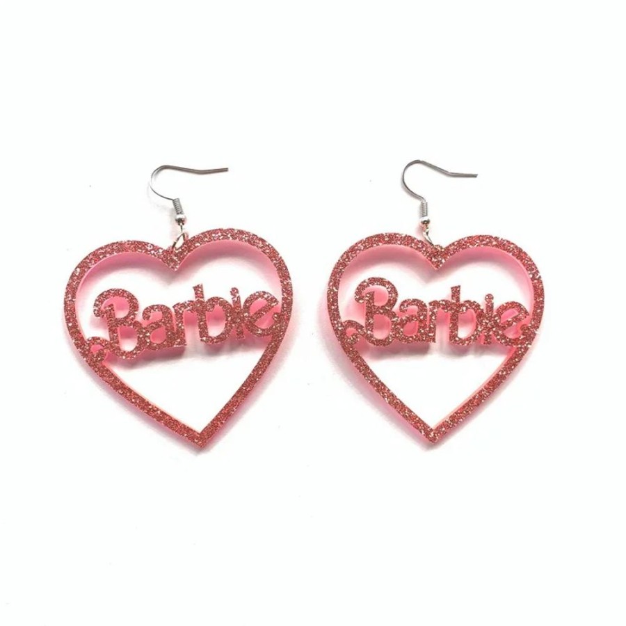 Accessories Kawaii Shop | Glitter Pink Acrylic Barbie Heart Earrings