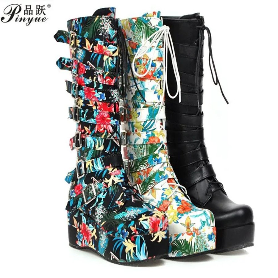 Fashion Kawaii Shop Shoes & Boots | Demonia Colorful Knee-High Platform Buckled Punk Boots