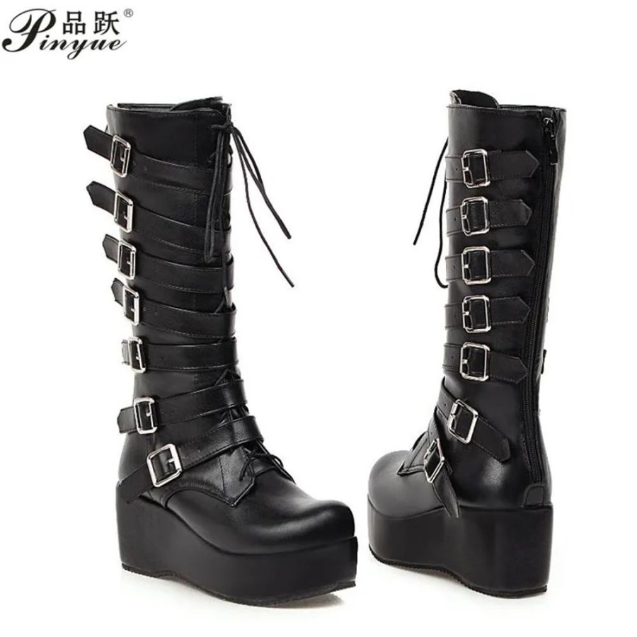 Fashion Kawaii Shop Shoes & Boots | Demonia Colorful Knee-High Platform Buckled Punk Boots